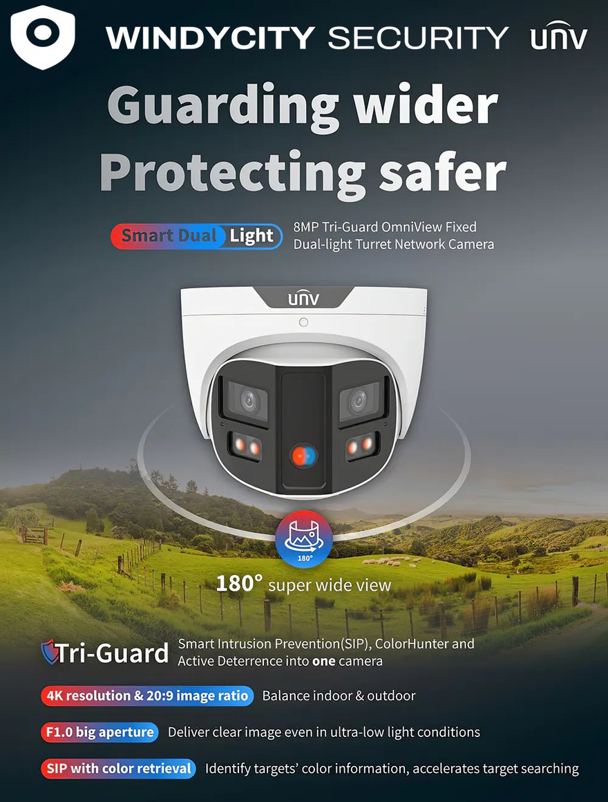 Product sheet for the 8MP dual-light panoramic turret: two lenses either side of a central deterrence module with white light and a speaker, rated 180 degree field of view, 4K resolution, F1.0 aperture.