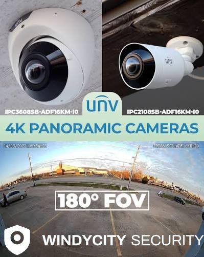Two 4K panoramic cameras &mdash; a turret and a bullet &mdash; above a single 180-degree frame captured by one of them, showing an entire parking lot and storefront in one image.