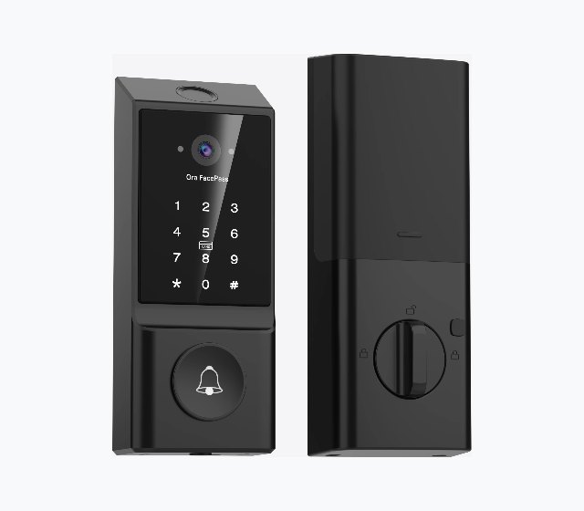 Ora FacePass double-bore deadbolt, front and back: camera and touch keypad above a doorbell button on the outside, thumbturn on the inside.