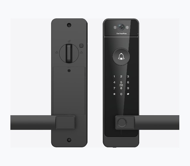 Ora FacePass video doorbell lock with lever handle, shown from outside and inside, with camera, doorbell button, keypad and fingerprint reader in the lever escutcheon.