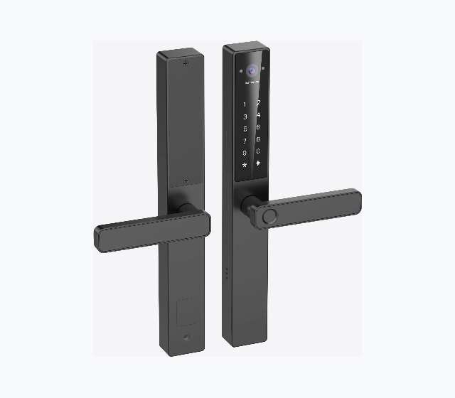 Ora FacePass narrow-stile mortise handle set with lever, shown from both sides, sized for a glass or aluminium entry door.